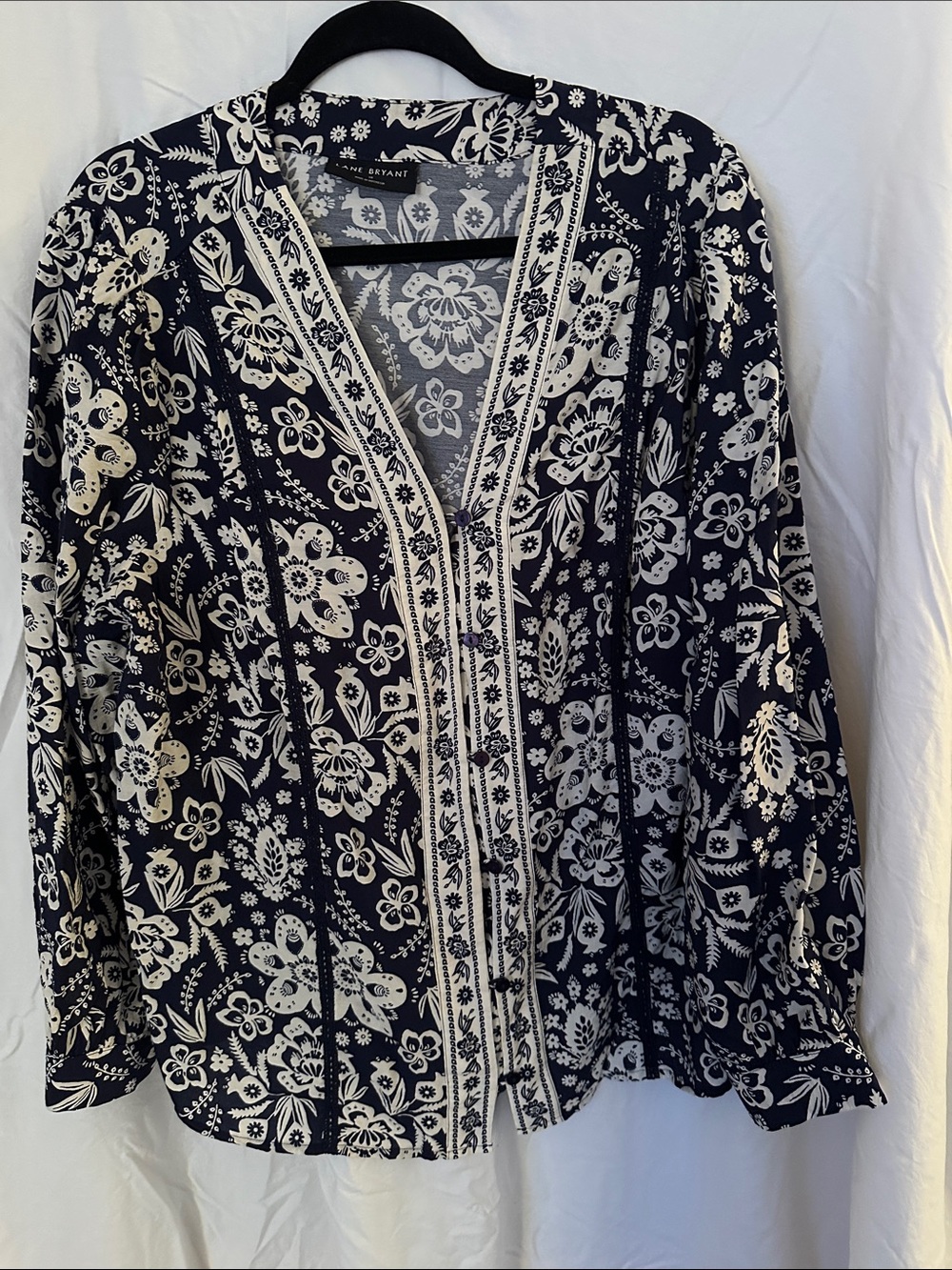 Lane Bryant Navy and White Floral Split V-Neck Blouse